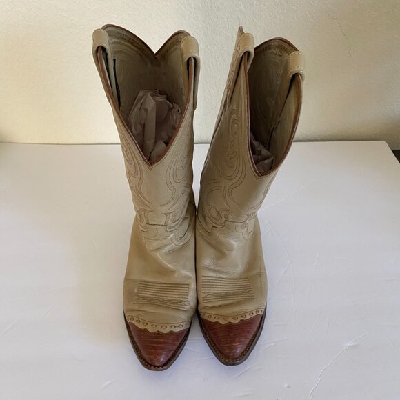 Vintage Dan Post Cream Leather Lizard Toe Western Boots Size 11 Cowgirl - Picture 1 of 10